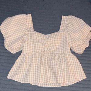 Old Navy Beige Checkered Puff Sleeve Blouse